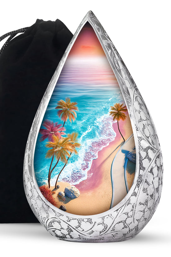 Blue Sea Urn Memorial For Ashes - Palm Trees Cremation Urn For Men