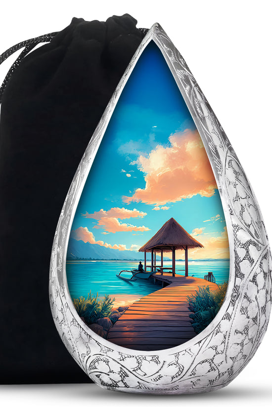 Beautiful Beach Cremation Urn - Blue Aluminum Funeral Urn For Burial