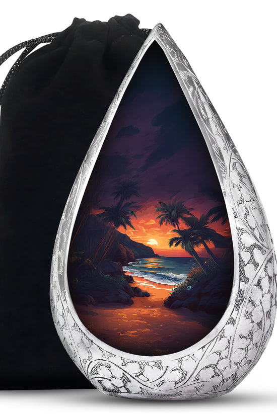 Beach Sunset Cremation Urn - Palm Tree Beach Funeral Urn For Loved Ones