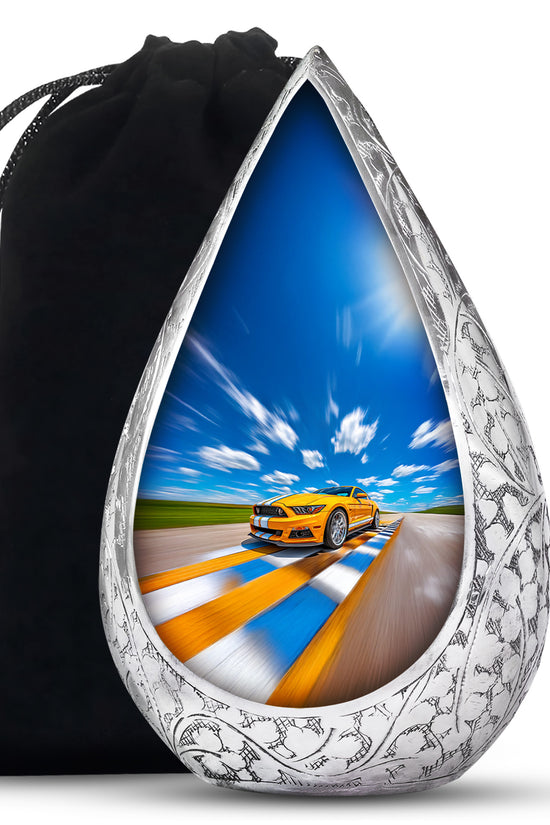 Yellow Sports Car Cremation Urn - Racing Track Memorial Urn For Adult Ashes