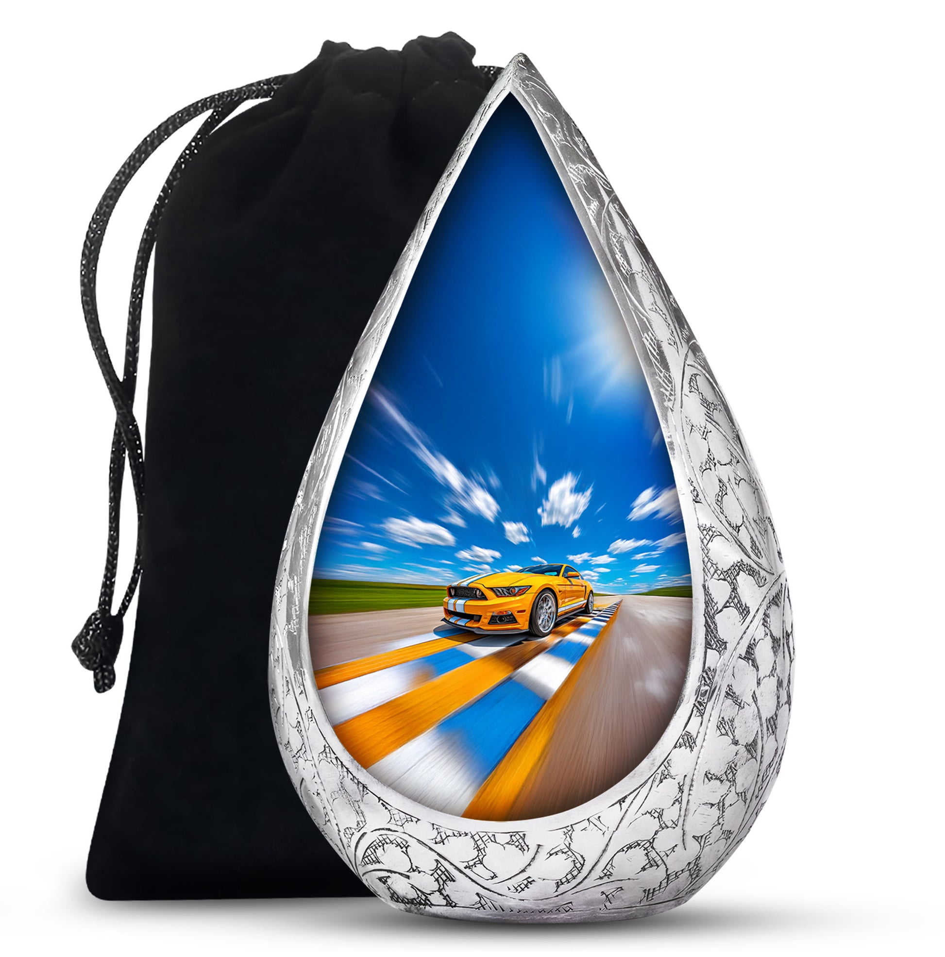 Yellow Sports Car Cremation Urn - Racing Track Memorial Urn For Adult Ashes