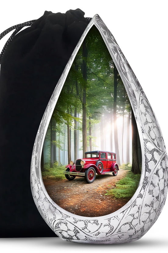 Red Antique Car Cremation Urn - Scenic Forest Memorial Urn For Loved Ones