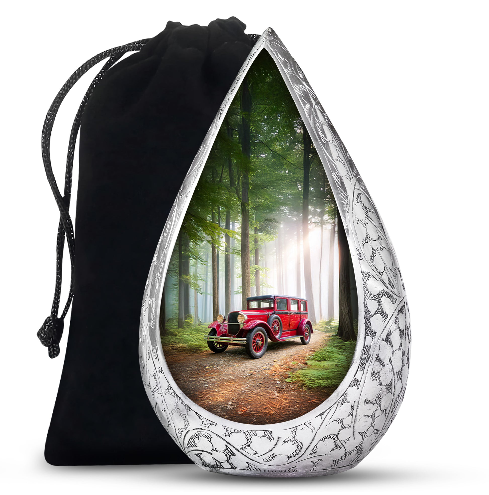 Red Antique Car Cremation Urn - Scenic Forest Memorial Urn For Loved Ones