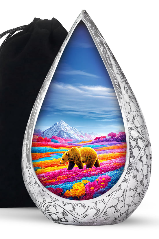 Brown Bear Funeral Urn - Colorful Flower Field Memorial Urn For Human Ashes