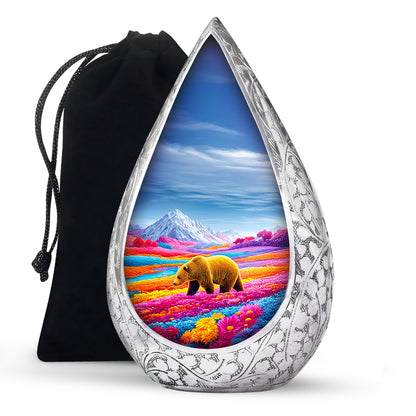 Brown Bear Funeral Urn - Colorful Flower Field Memorial Urn For Human Ashes