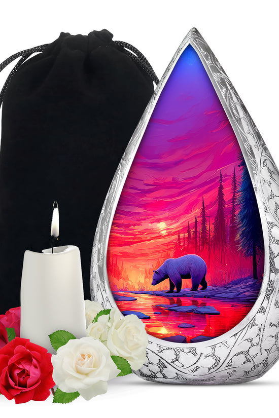 Red Sunset Bear Cremation Urn - Forest Landscape Urn For Loved Ones