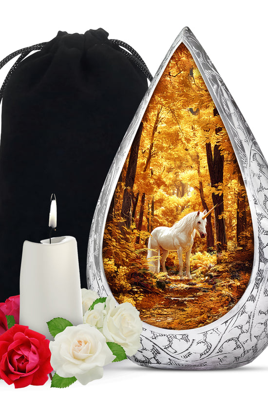 White Unicorn Cremation Urn - Autumn Forest Urn For Human Ashes