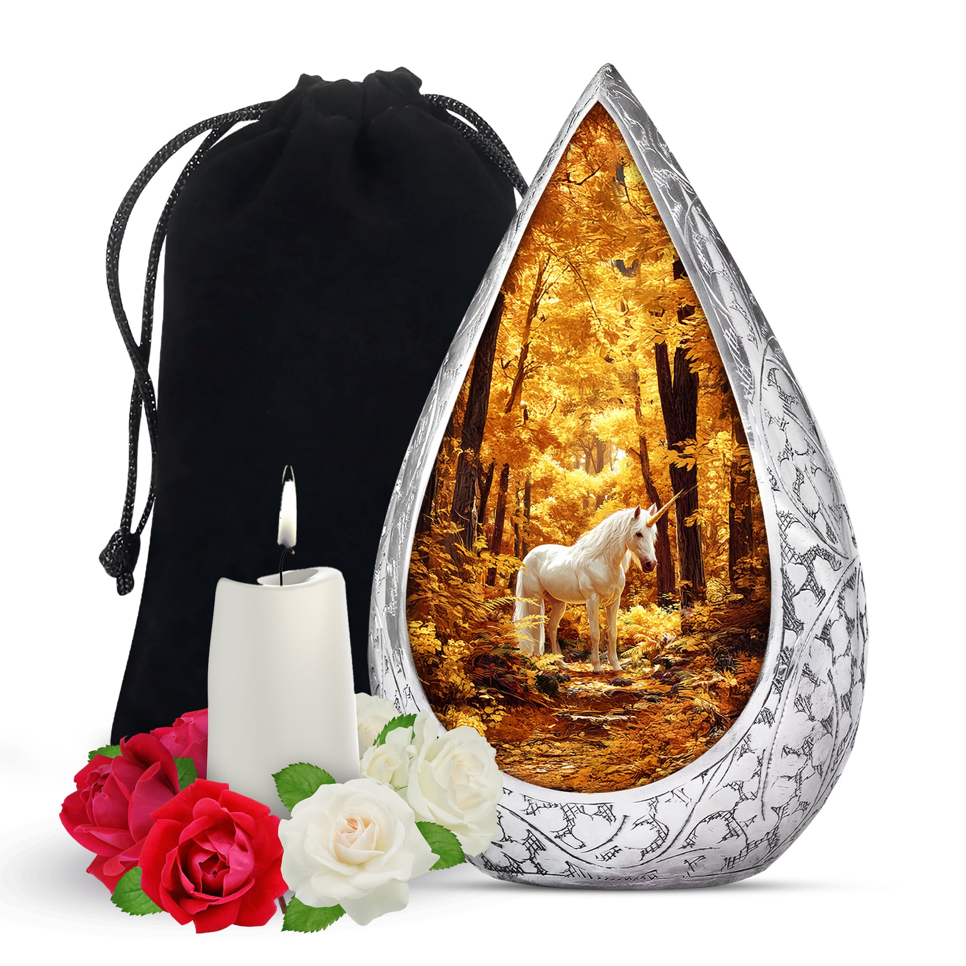 White Unicorn Cremation Urn - Autumn Forest Urn For Human Ashes