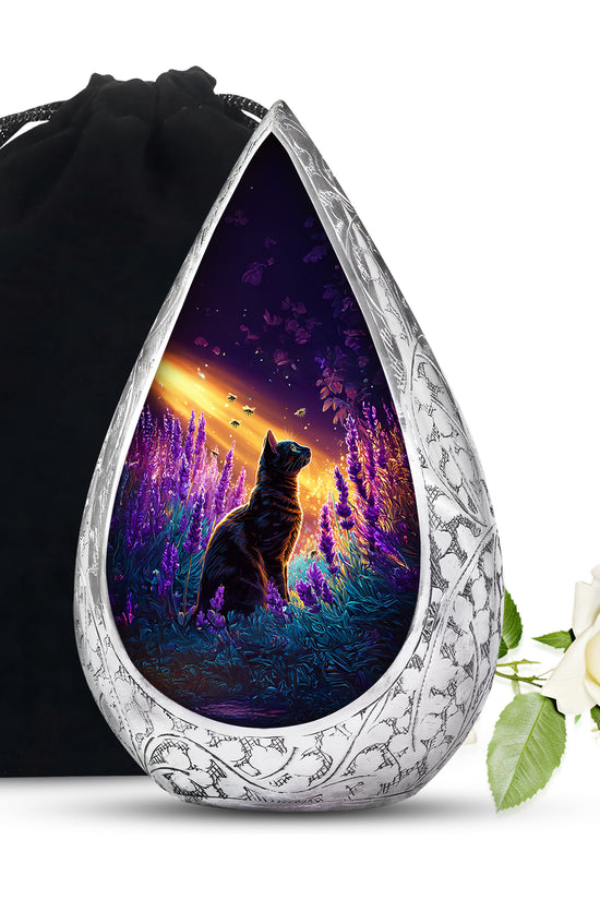 Black Cat Memorial Urn - Lavender Field Cremation Urn For Pet Ashes