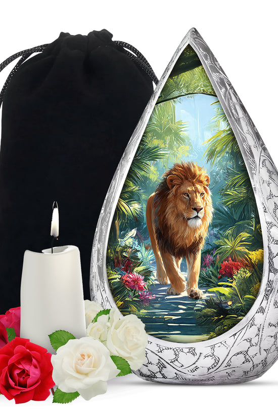 Jungle Lion Memorial Urn - Tropical Forest Cremation Urn For Dad