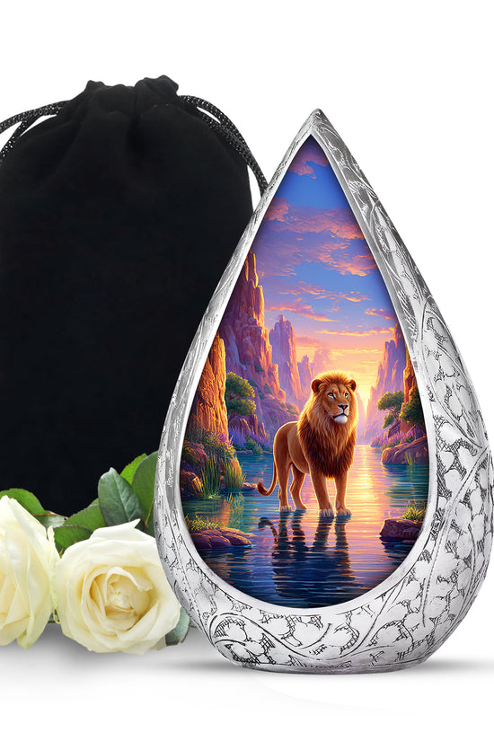 Lion Sunset Funeral Urn - Purple Aluminium Cremation Urn For Human Ashes