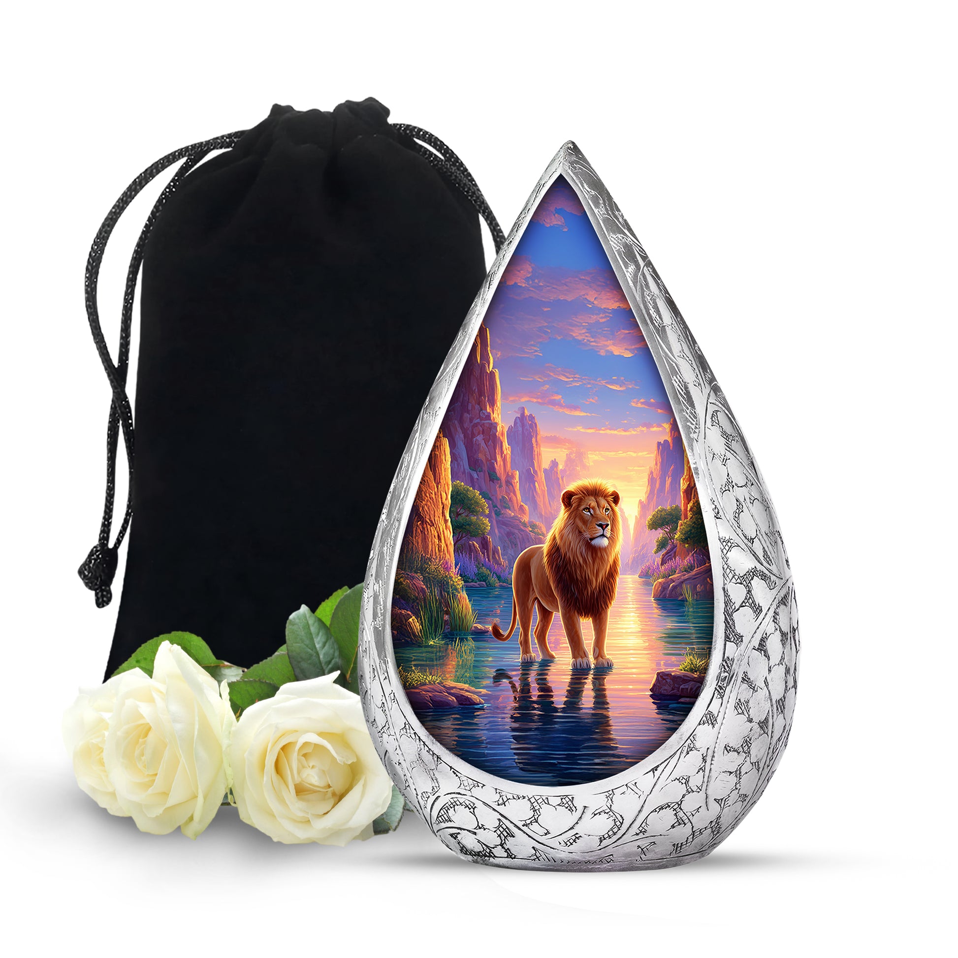 Lion Sunset Funeral Urn - Purple Aluminium Cremation Urn For Human Ashes