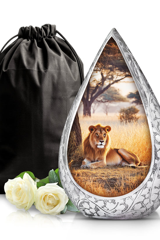 Forest Lion Cremation Urn - Aluminium Memorial Urn For Burial