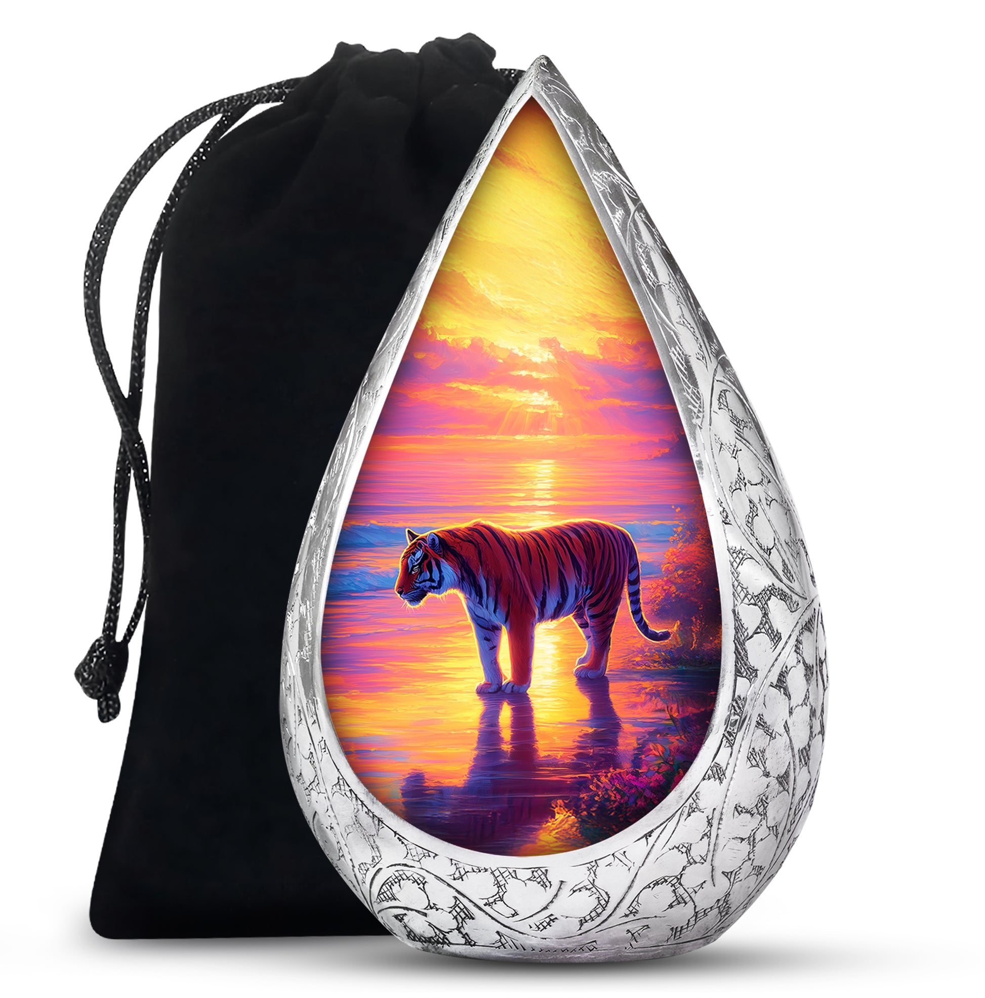 Tiger Themed Memorial Urn - Sunset Scene Cremation Urn For Adult Ashes