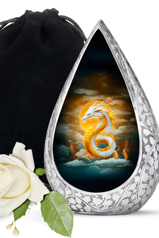 White Gold Dragon Cremation Urn - Aluminium Funeral Urn For Ashes