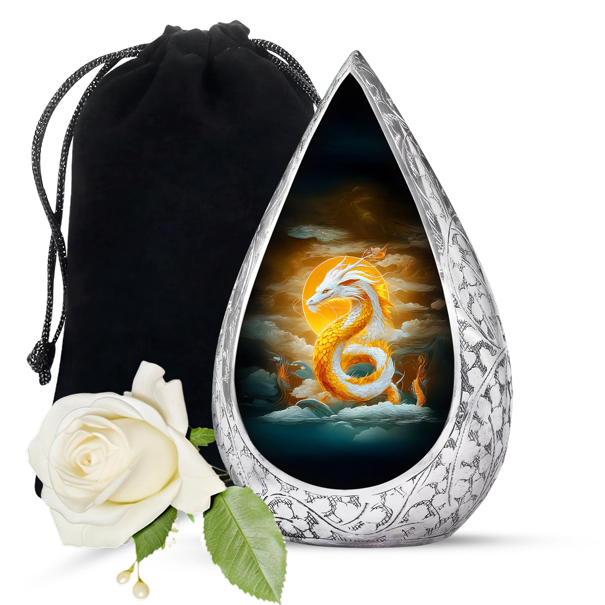 White Gold Dragon Cremation Urn - Aluminium Funeral Urn For Ashes
