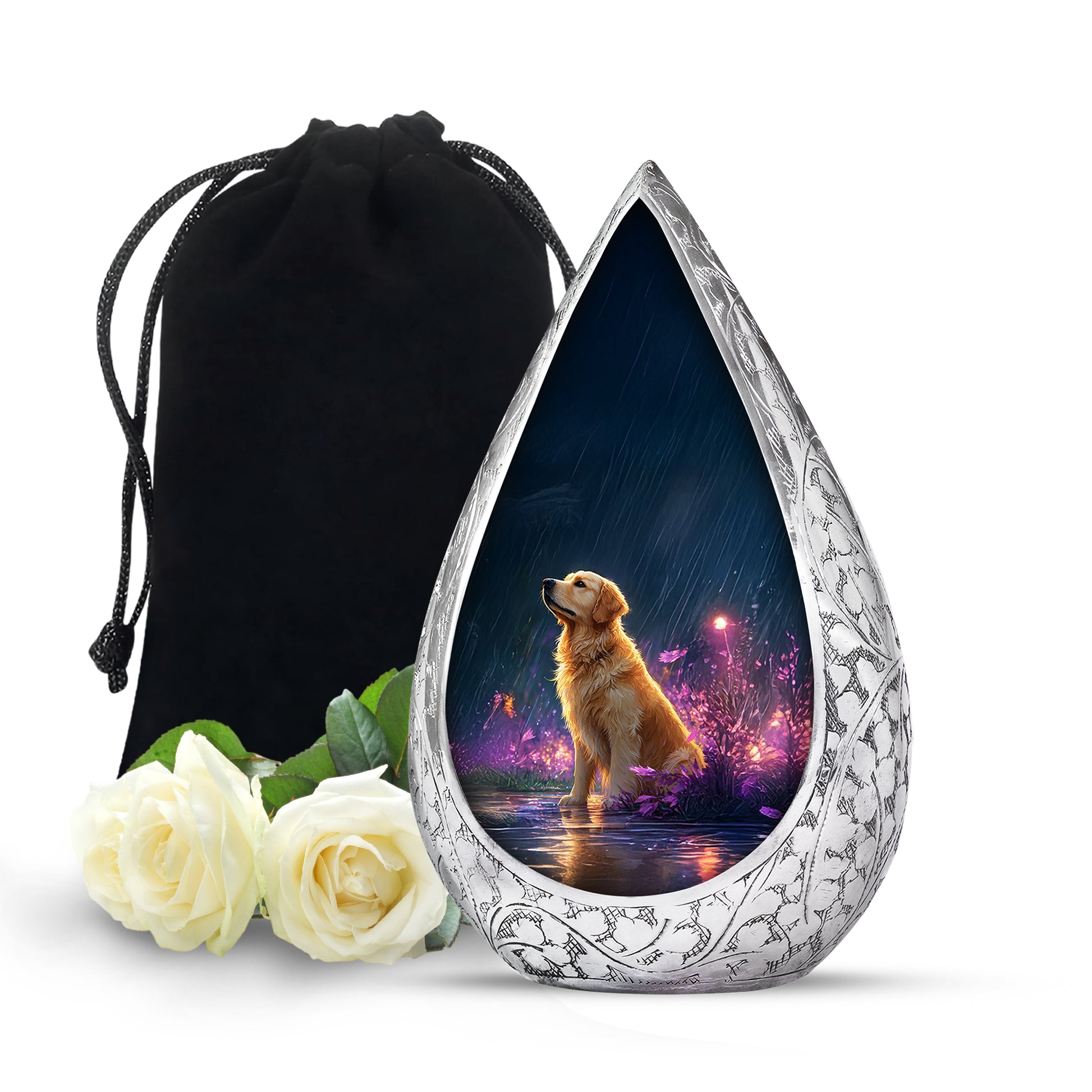Golden Retriever Memorial Urn - Glowing Flowers Cremation Urn For Pet Dog
