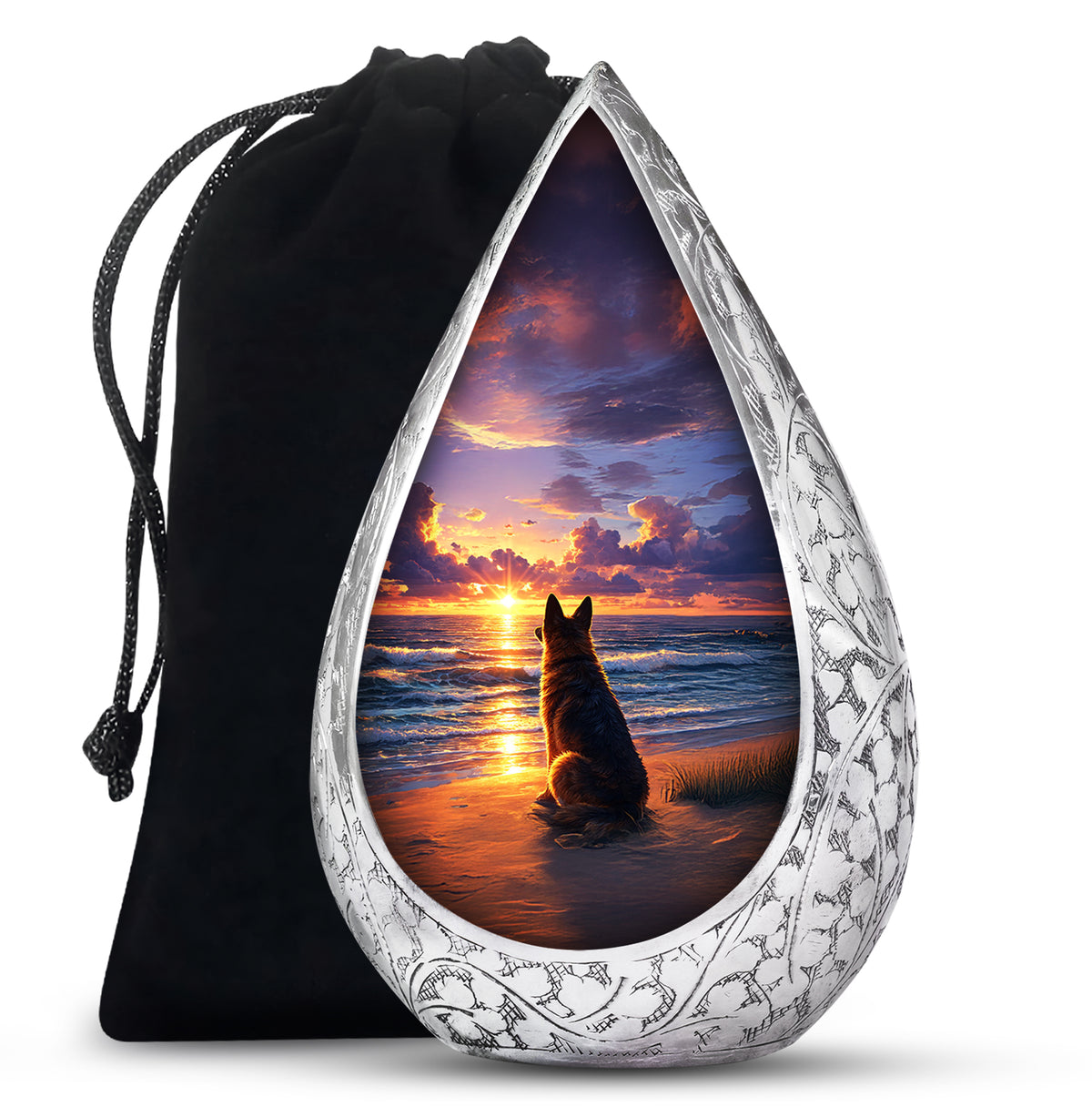 German Shepherd Tribute Funeral Urn - Ocean Sunset Memorial For Dog Ashes