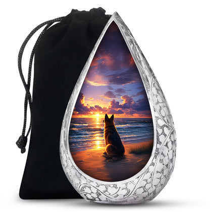 German Shepherd Tribute Funeral Urn - Ocean Sunset Memorial For Dog Ashes