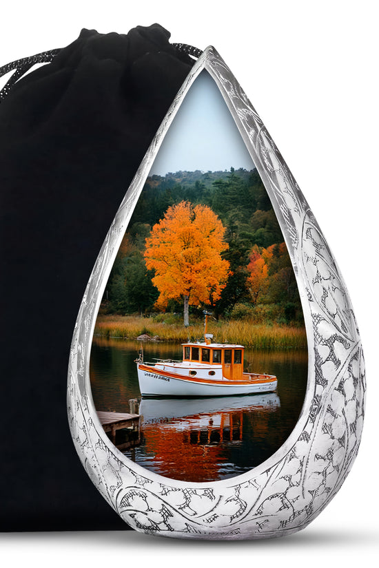 Boat Scenic Cremation Urn - Autumn Lake Memorial Urn For Ashes