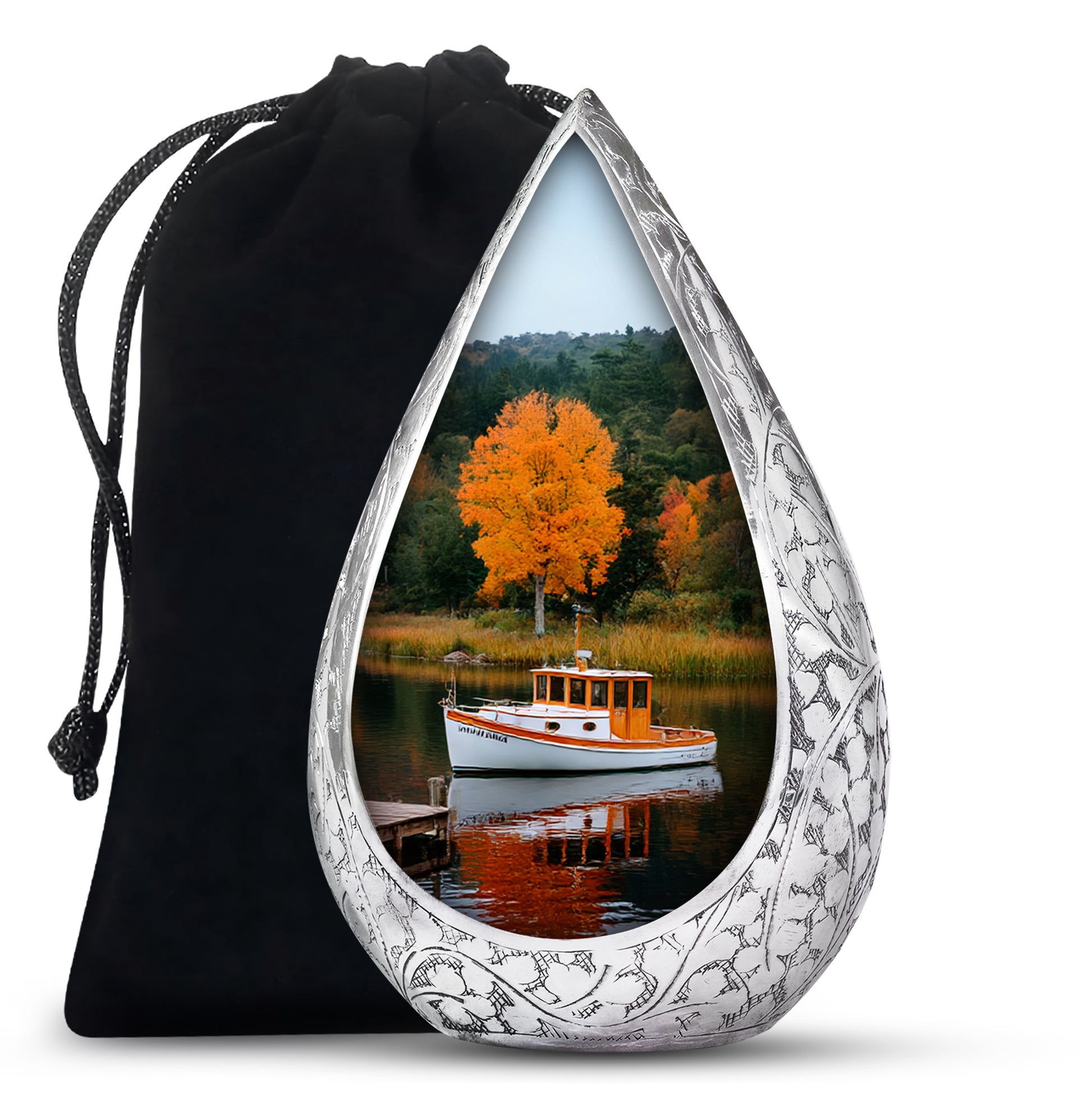 Boat Scenic Cremation Urn - Autumn Lake Memorial Urn For Ashes