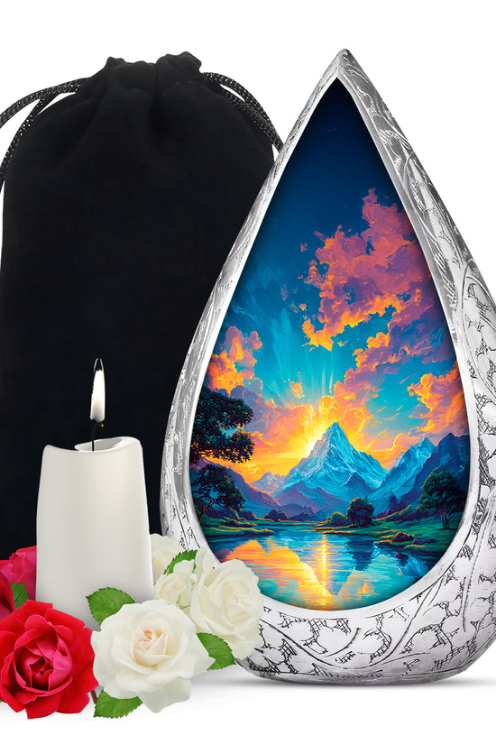 Sunset Mountain Lake Cremation Urn - Peaceful Nature Funeral Urn For Adult Ashes