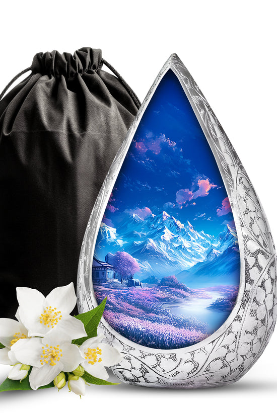 Beautiful Snow Mountain Funeral Urn For Ashes - Blue Large Memorial Urn For Ashes