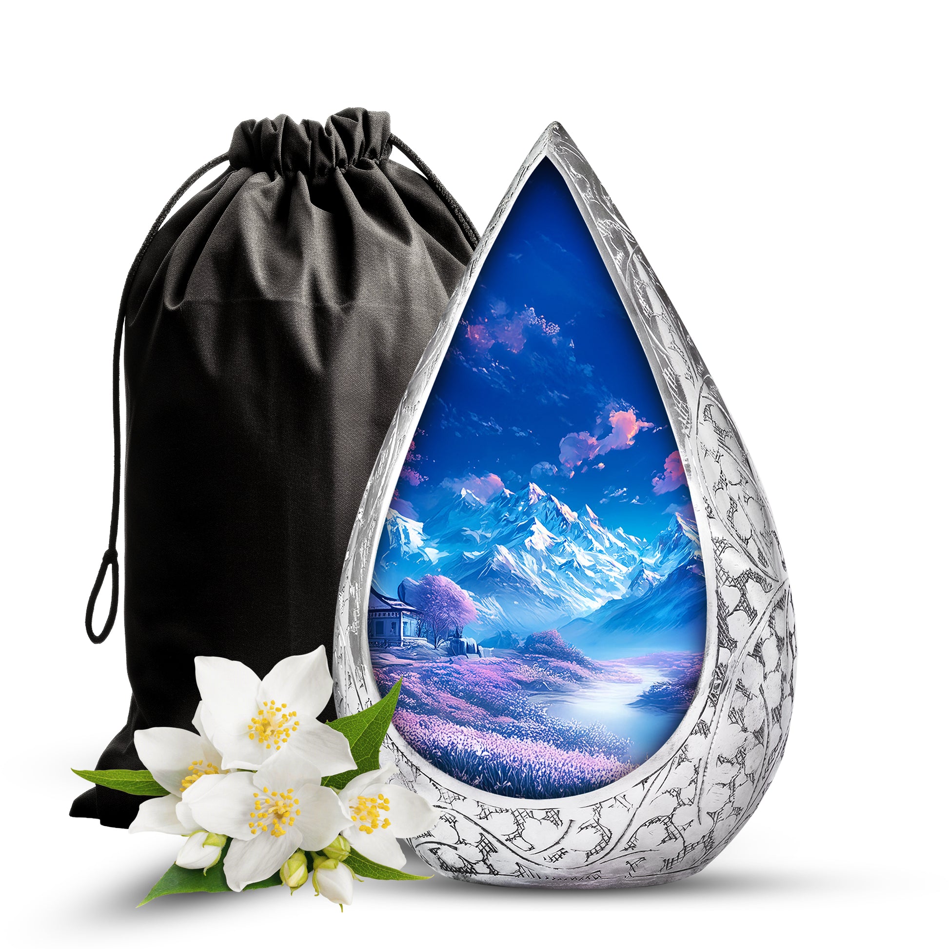 Beautiful Snow Mountain Funeral Urn For Ashes - Blue Large Memorial Urn For Ashes