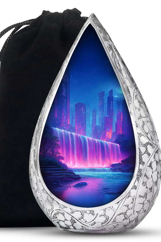 Neon Waterfall Funeral Urn For Ashes - City Memorial Urn For Burial