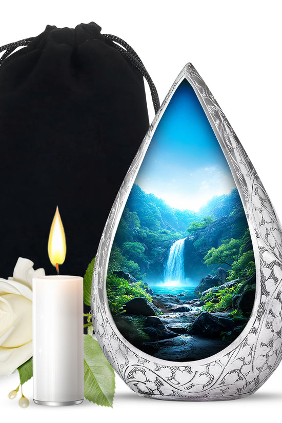 Scenic Waterfall Funeral Urn - Blue Aluminium Cremation Urn For Adult Ashes