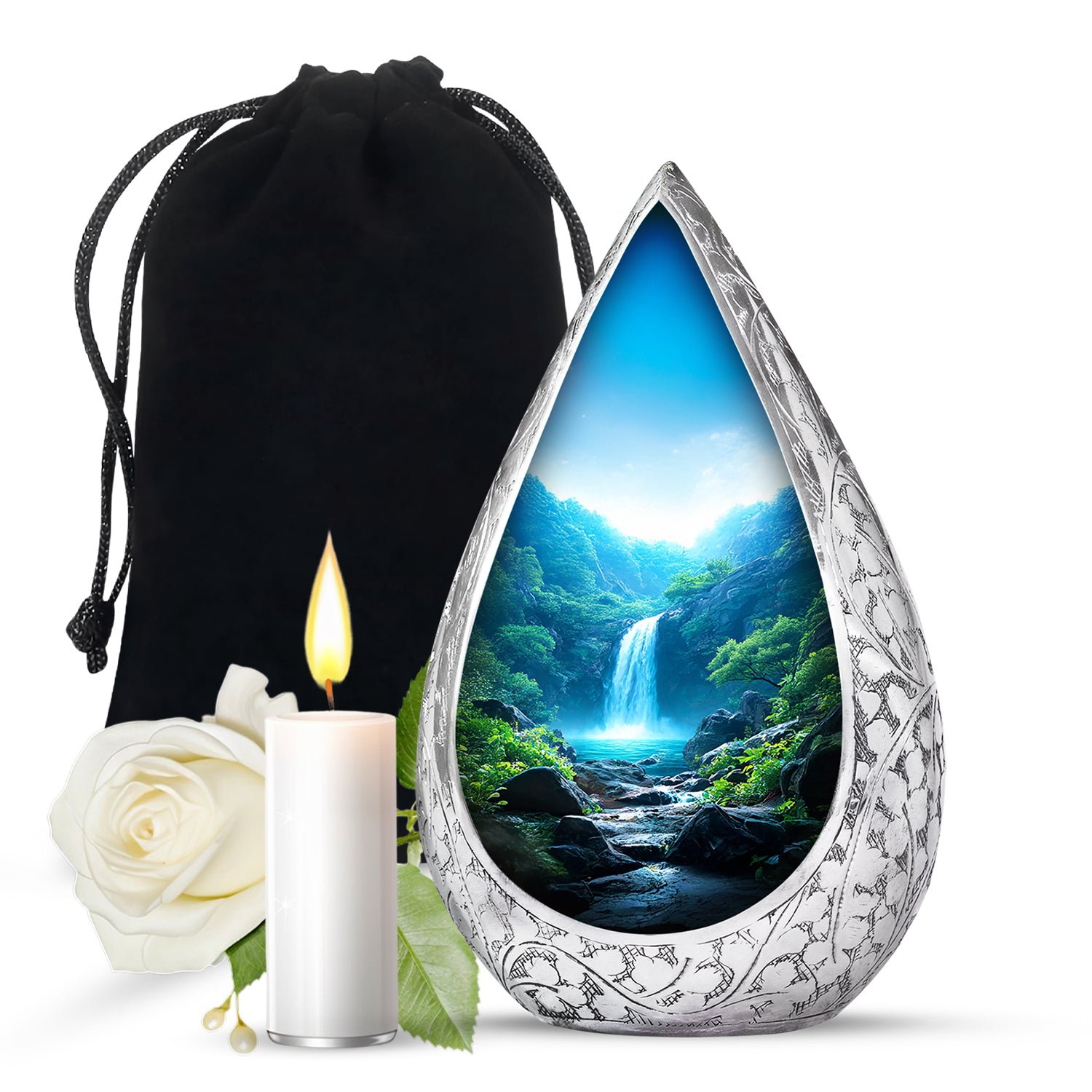 Scenic Waterfall Funeral Urn - Blue Aluminium Cremation Urn For Adult Ashes
