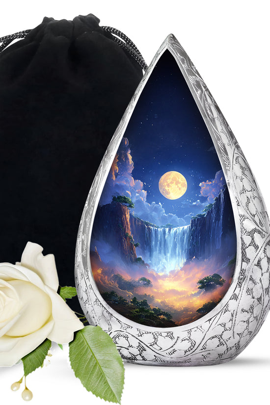 Beautiful Nature Theme Cremation Urn - Blue Aluminium Memorial Urn For Human Ashes