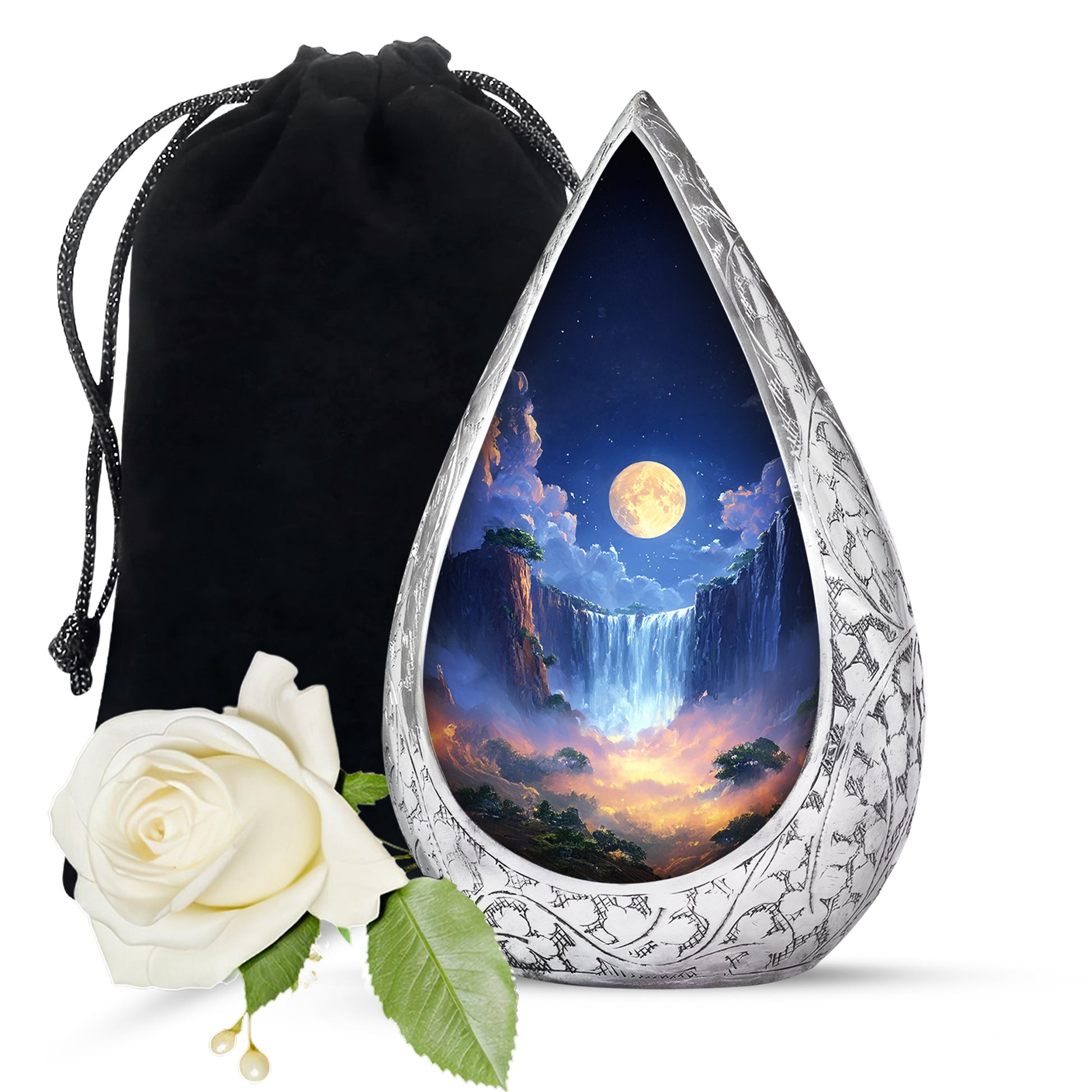 Beautiful Nature Theme Cremation Urn - Blue Aluminium Memorial Urn For Human Ashes