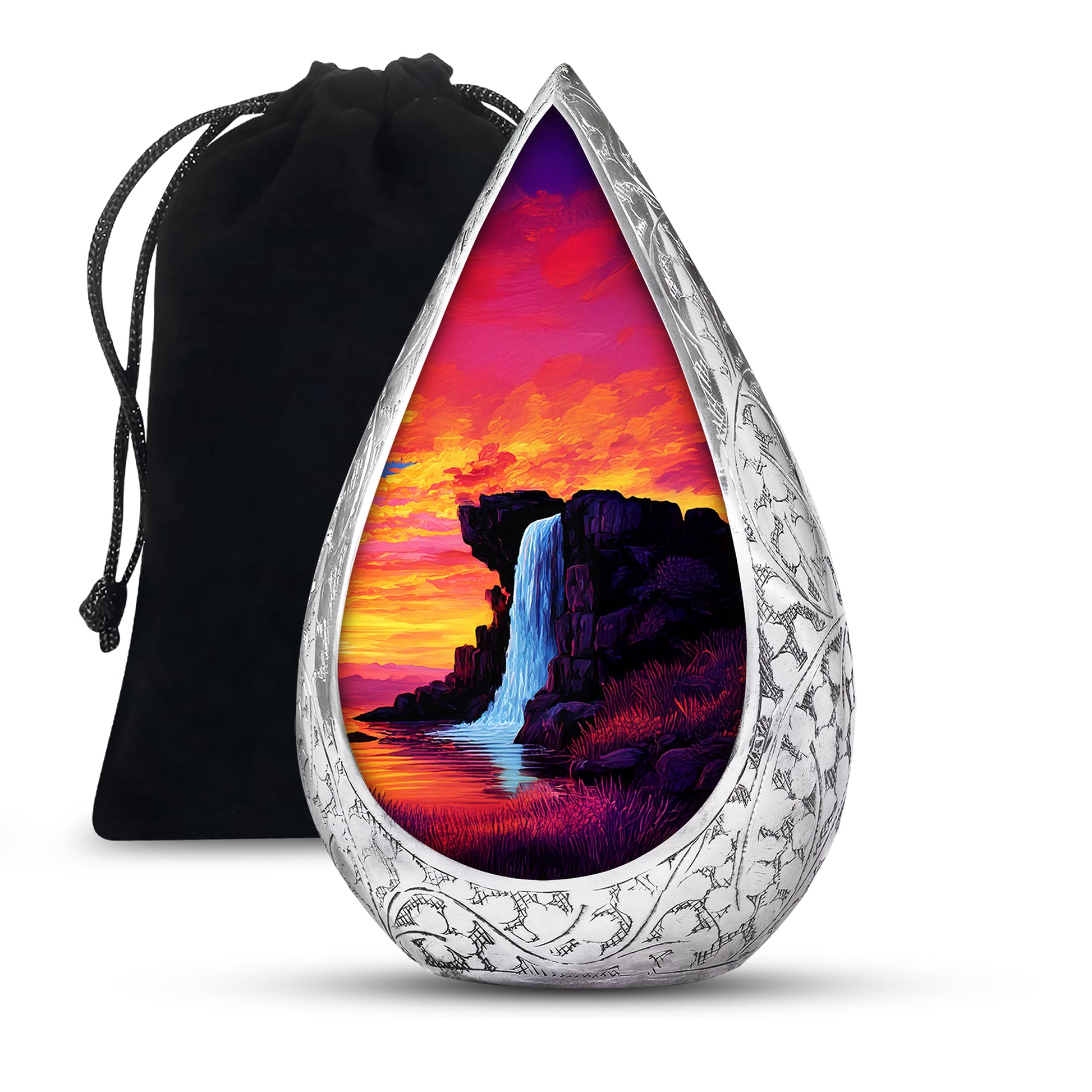 Mountain Waterfall Funeral Urn - Orange Aluminium Memorial Urn For Burial
