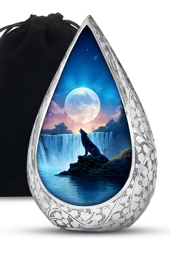 Mountain Waterfall Cremation Urn - Wolf Memorial Urn For Adult Ashes