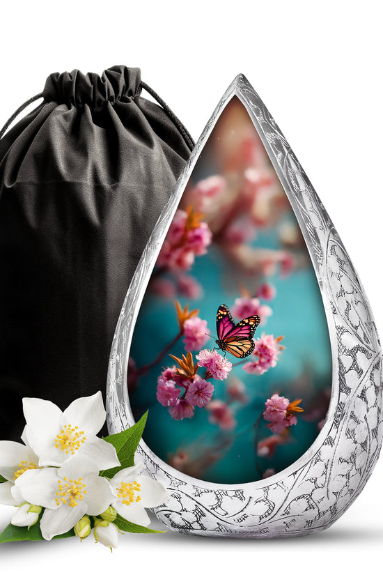 Pink Butterfly Funeral Urn - Floral Cremation Urn For Human Ashes