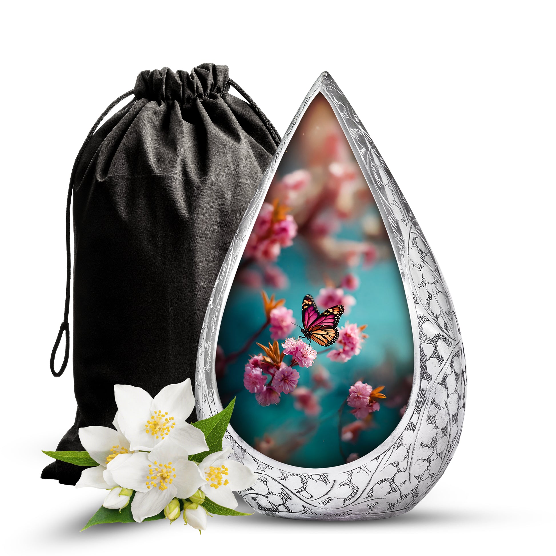 Pink Butterfly Funeral Urn - Floral Cremation Urn For Human Ashes