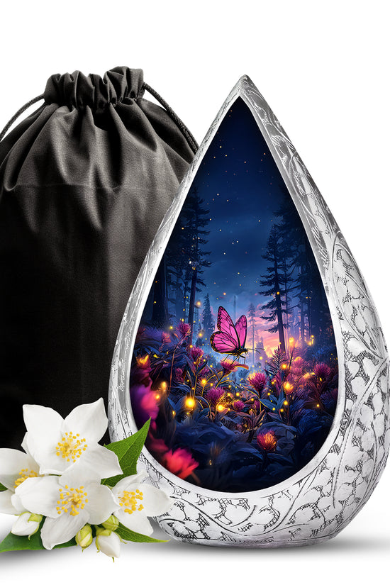 Pink Butterfly Forest Funeral Urn - Pink Flower Theme Cremation Urn For Burial
