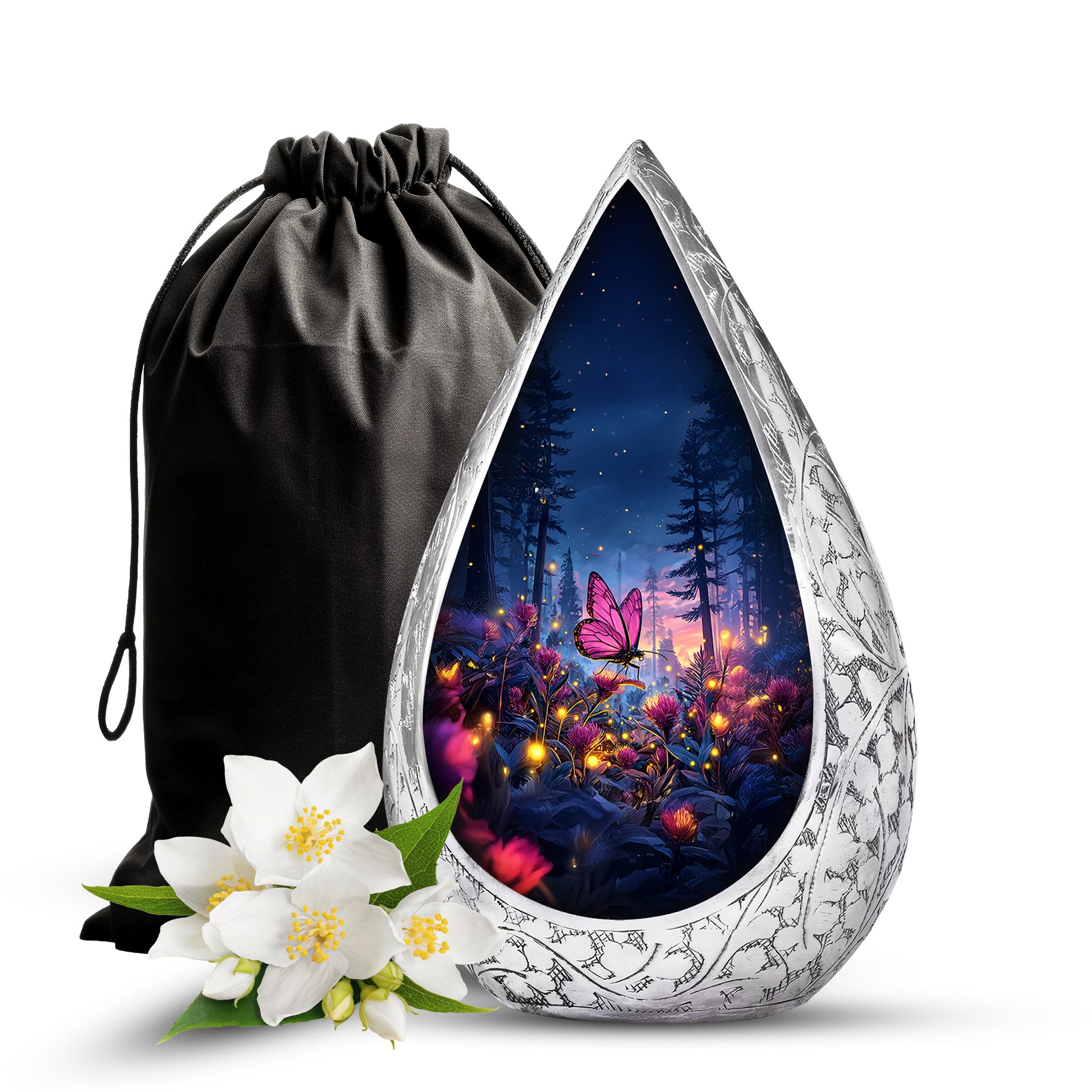 Pink Butterfly Forest Funeral Urn - Pink Flower Theme Cremation Urn For Burial