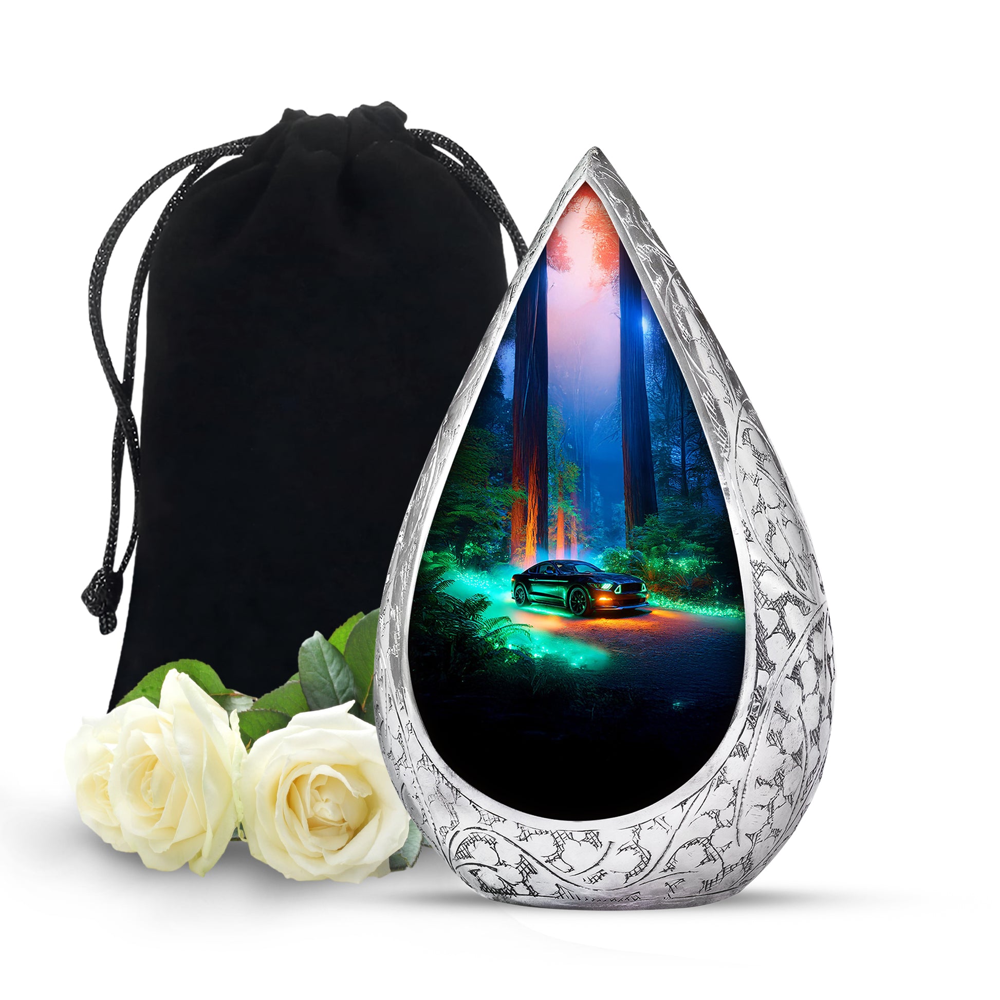 Black Car Urn For Funeral Ashes - Neon Green Forest Funeral Urn