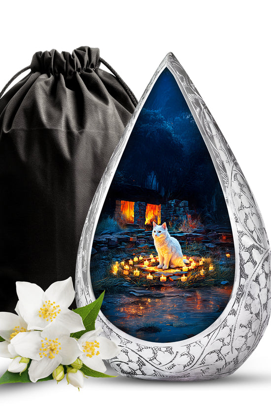 White Cat Cremation Urn - Black Aluminium Funeral Urn For Pet Ashes