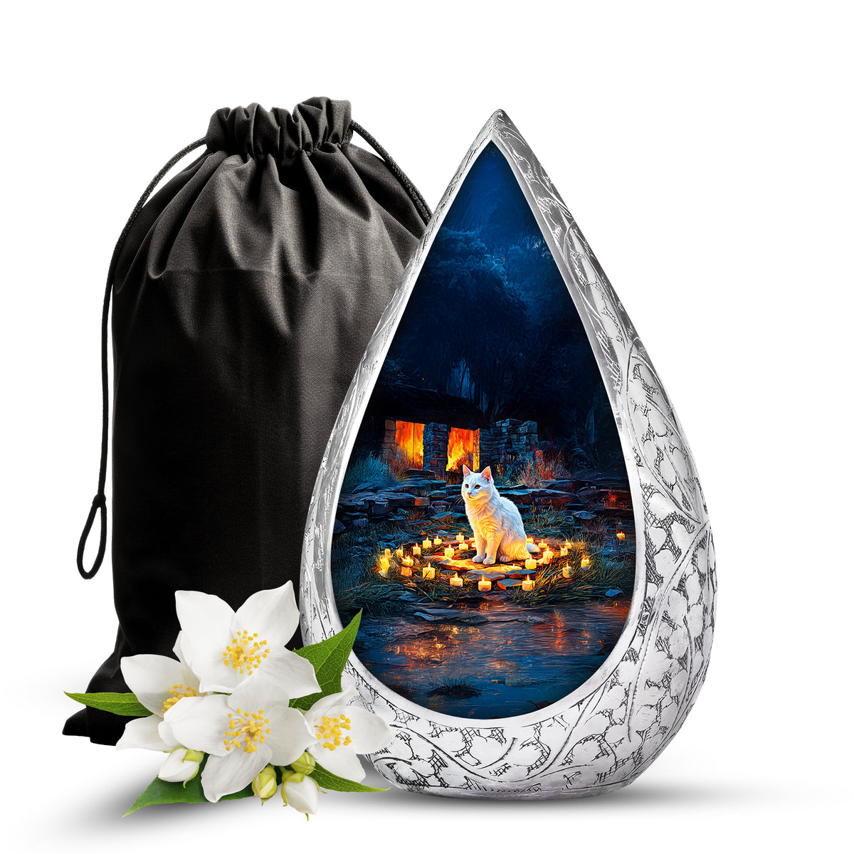 White Cat Cremation Urn - Black Aluminium Funeral Urn For Pet Ashes