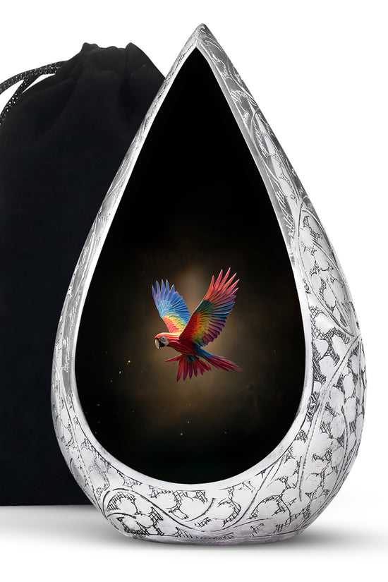 Colourful Parrot Funeral Urn - Black Aluminium Memorial Urn For Adult Ashes