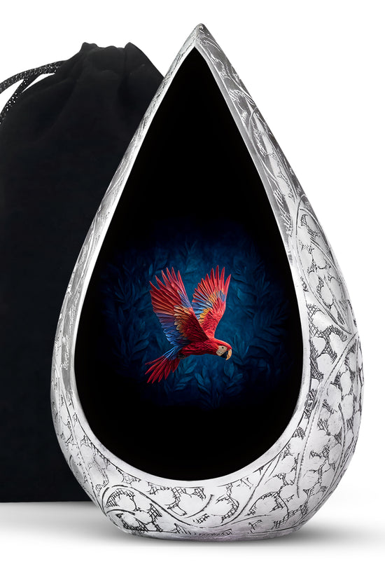 Red Parrot Memorial Urn - Beautiful Aluminium Funeral Urn For Ashes