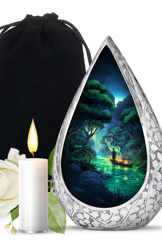 Serene Forest River Deer Memorial Urn - Fisherman Memorial Urn For Adult Ashes