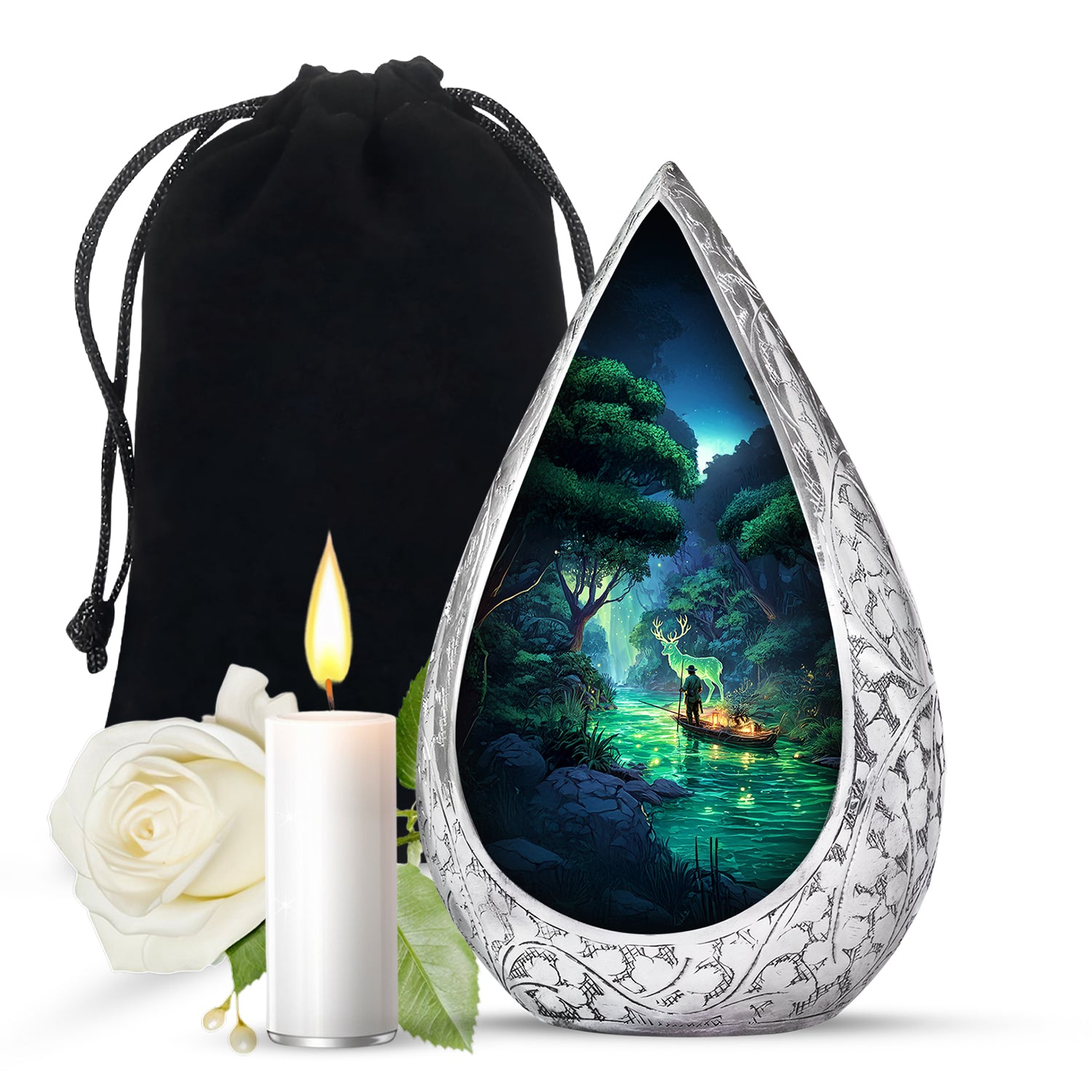 Serene Forest River Deer Memorial Urn - Fisherman Memorial Urn For Adult Ashes