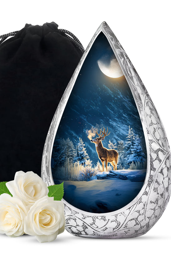 Winter Wildlife Deer Theme Funeral Urn - Aluminium Memorial Urn For Burial