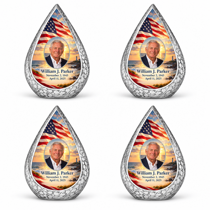Personalized American flag Straight Drop urn, 4 Keepsake 3 inch Urns; sample portrait and memorial text