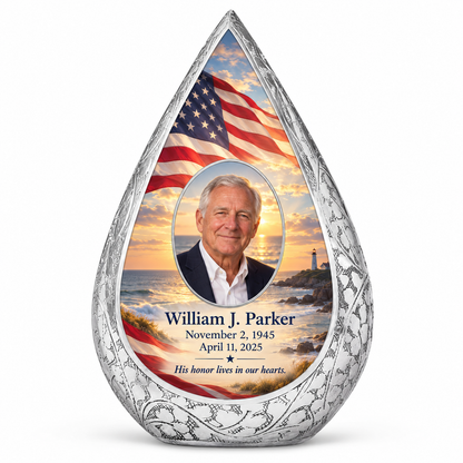 Personalized American flag Straight Drop urn, 10 inch large Urn; sample portrait and memorial text
