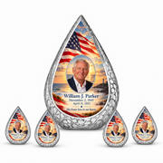 Personalized American flag Straight Drop urn, 10 inch large Urn with 4 Keepsake 3 Inch Urns; sample portrait and memorial text